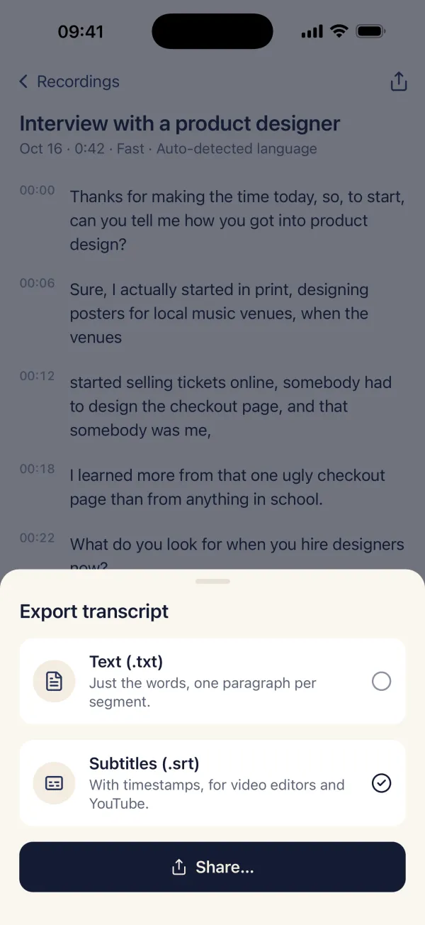 Export sheet offering plain text or SRT subtitles