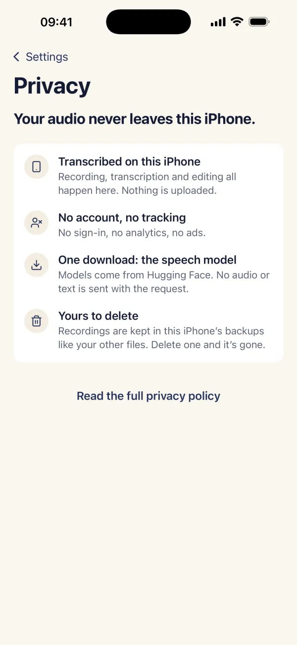 Hushscribe privacy screen: your audio never leaves this iPhone